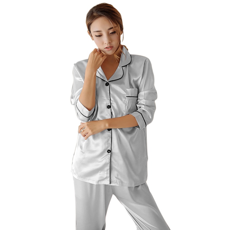 Women's Silk Satin Pajamas Set Long Sleeve ButtonDown Sleepwear
